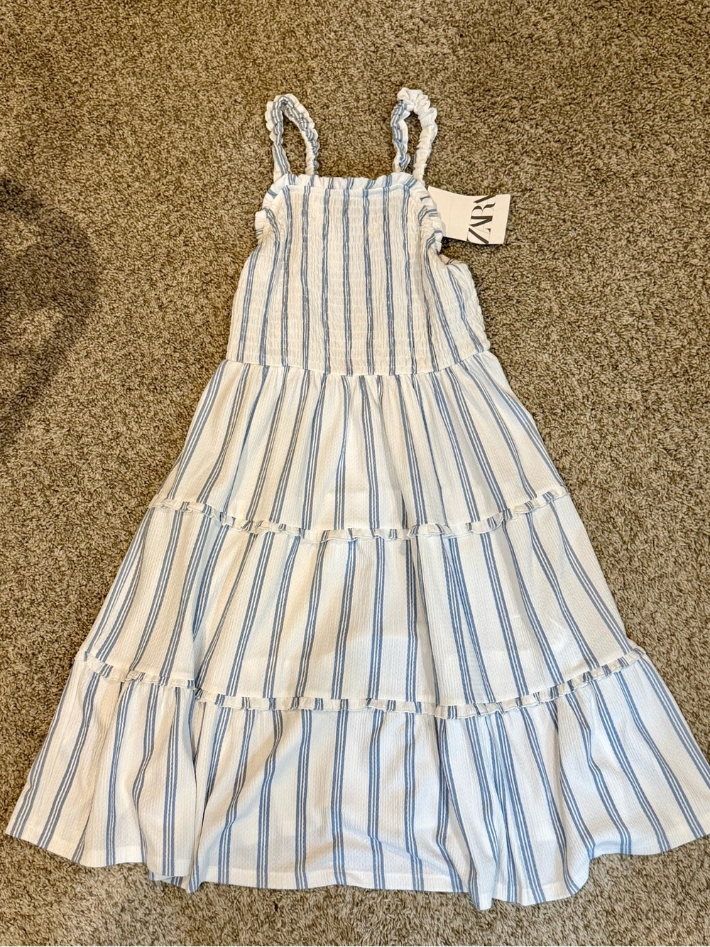 Zara Girls White Dress with Blue Stripes Tiered Sundress Size 10-12
